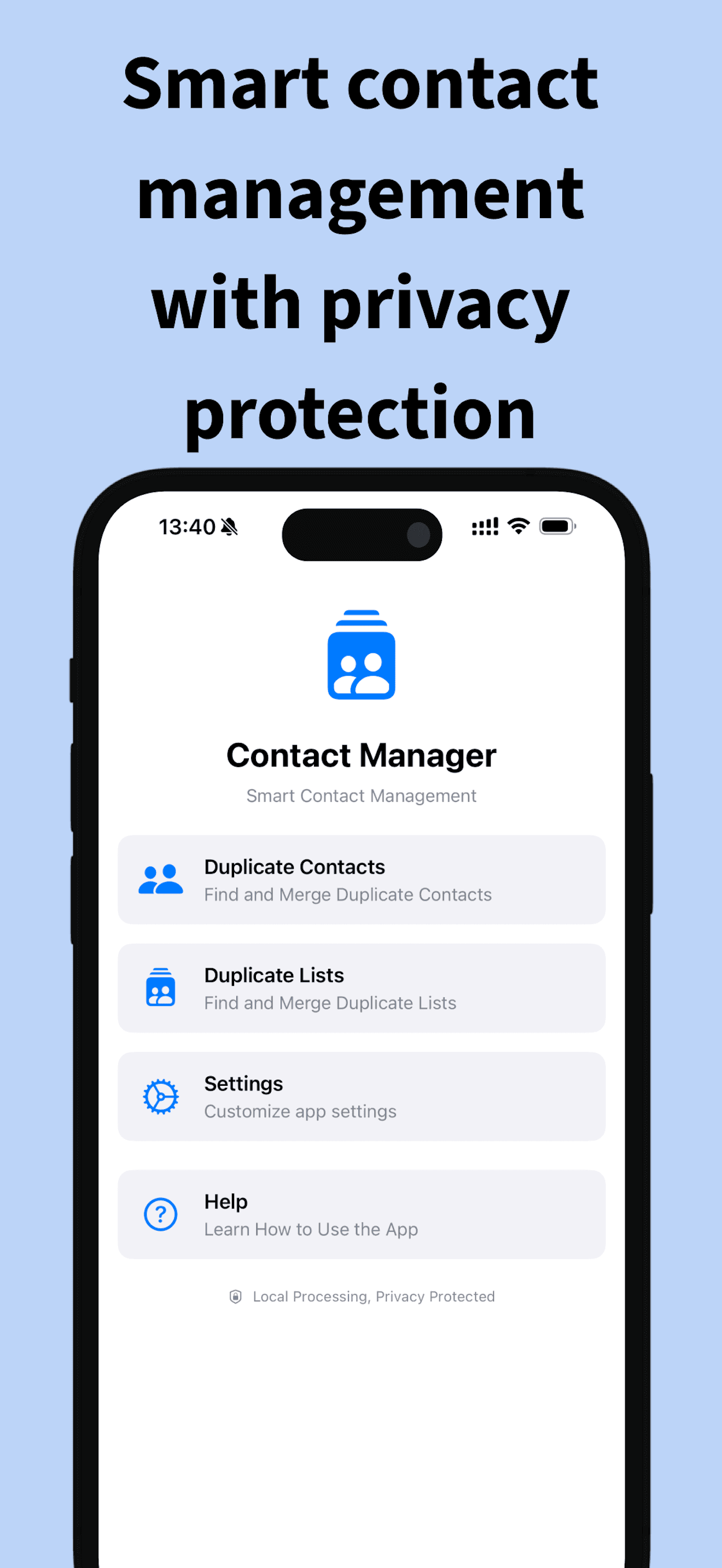 ContactMerge+ scan results listing duplicate contact groups on iPhone.